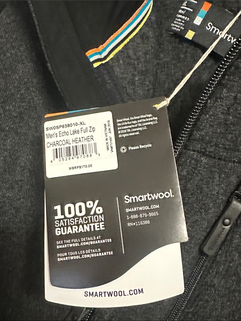 Smartwool Men’s Charcoal Heather Echo Lake Full Zip Jacket XL NEW - Picture 4 of 6